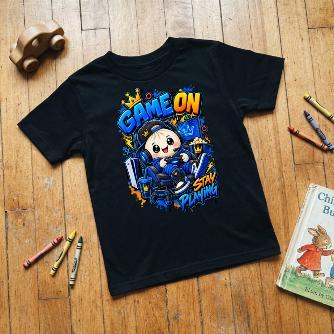 Dumpling Game On Stay Playing Kids Gamer Graphic Tee in black flat lay