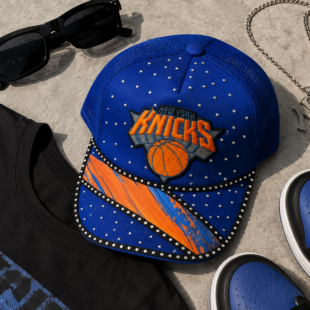 NY Basketball Rhinestone Studded Trucker Cap | Royal Blue Orange Brushstroke Embroidered Crest Hat