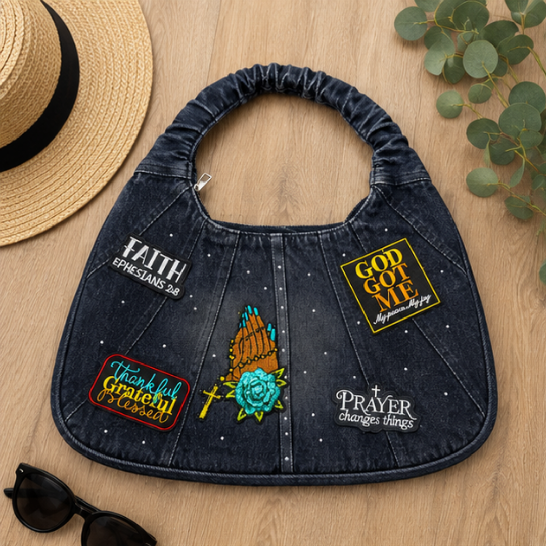 Faith Denim Hobo Bag Women Prayer Changes Things