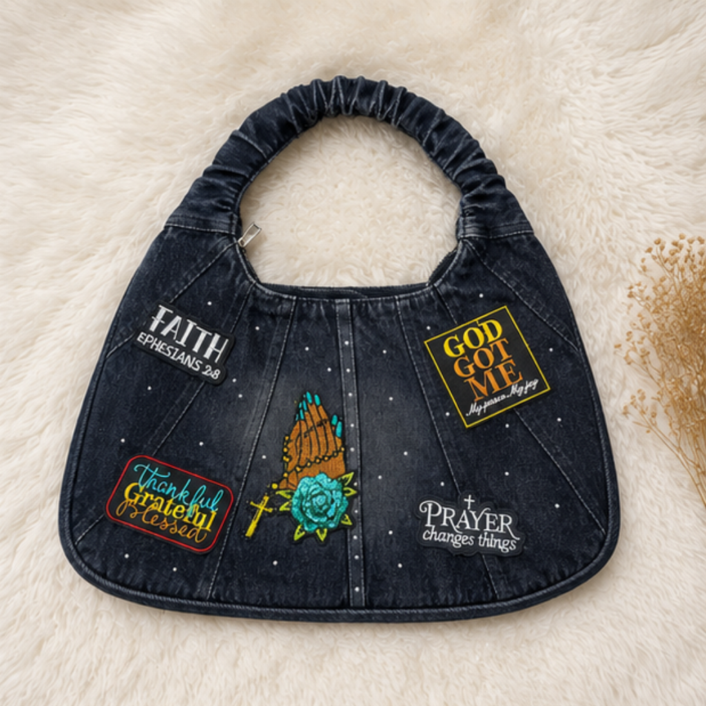 Faith Denim Hobo Bag Women Prayer Changes Things