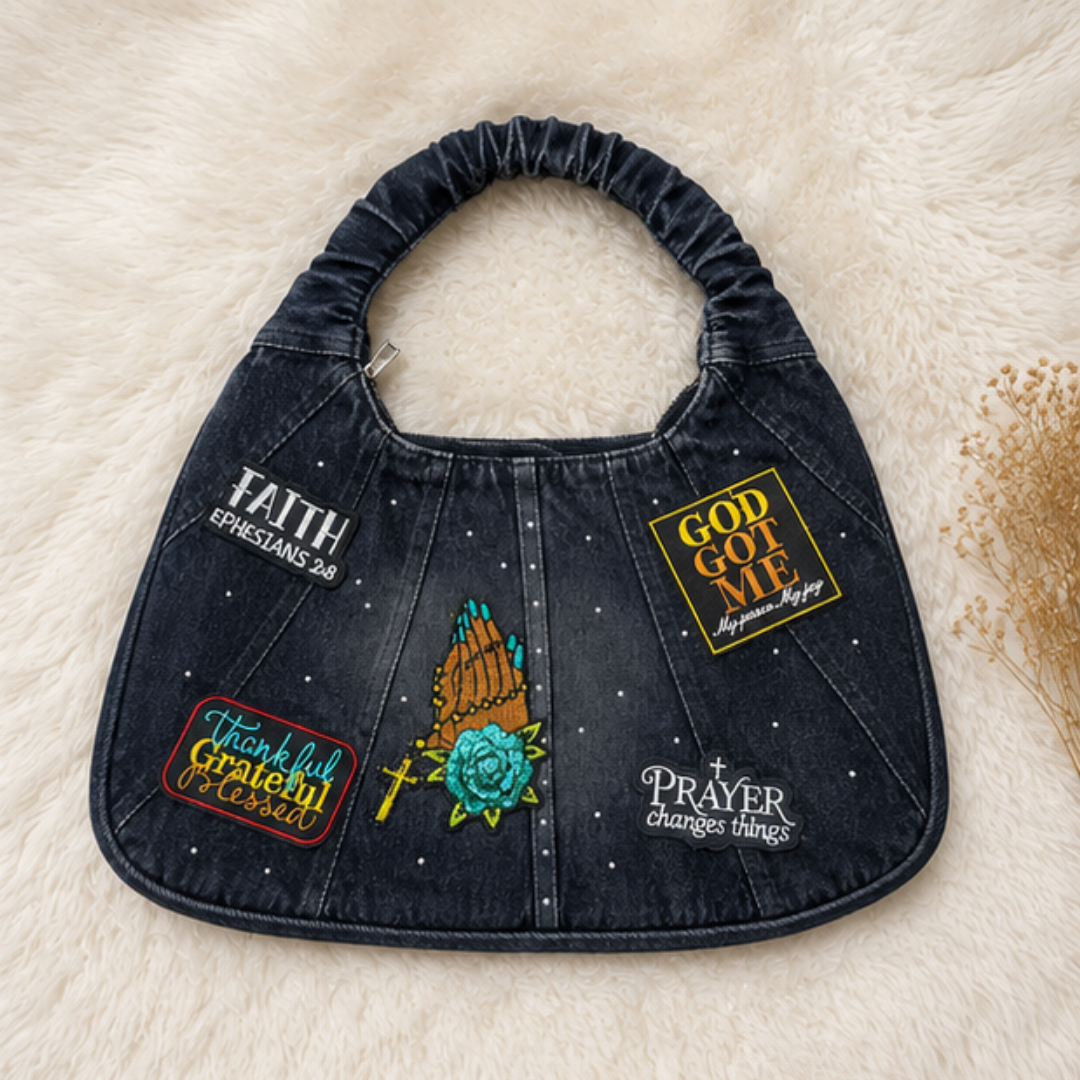Faith Denim Hobo Bag Women Prayer Changes Things