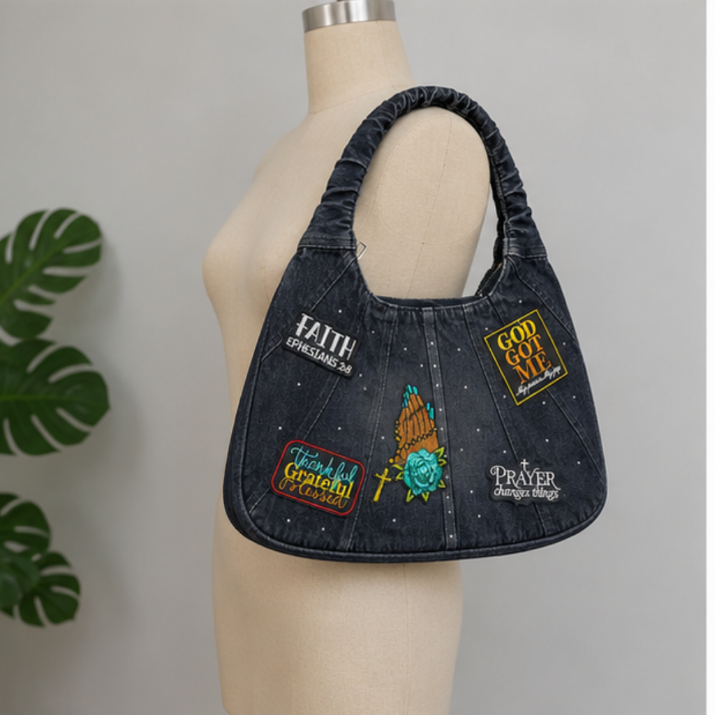 Faith Denim Hobo Bag Women Prayer Changes Things
