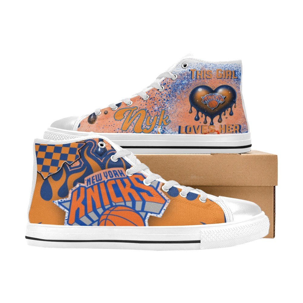 Orange and blue NY basketball fan girl high top canvas sneaker with drip heart graphic