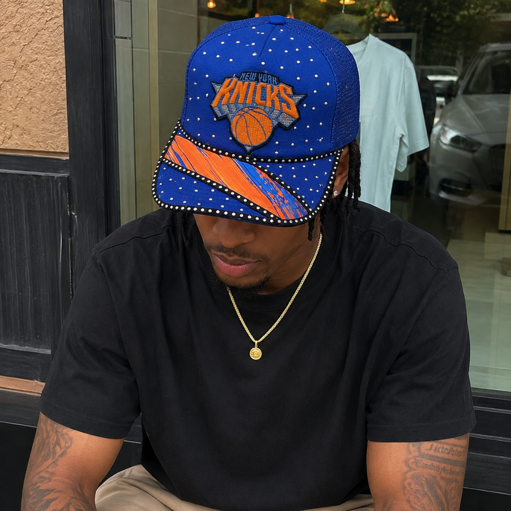 NY Basketball Rhinestone Studded Trucker Cap | Royal Blue Orange Brushstroke Embroidered Crest Hat