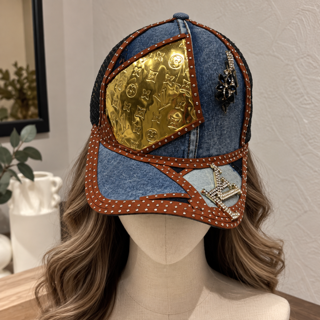 Denim Gold Metallic Monogram Junk Tie Cap Set | Crystal Star Brooch