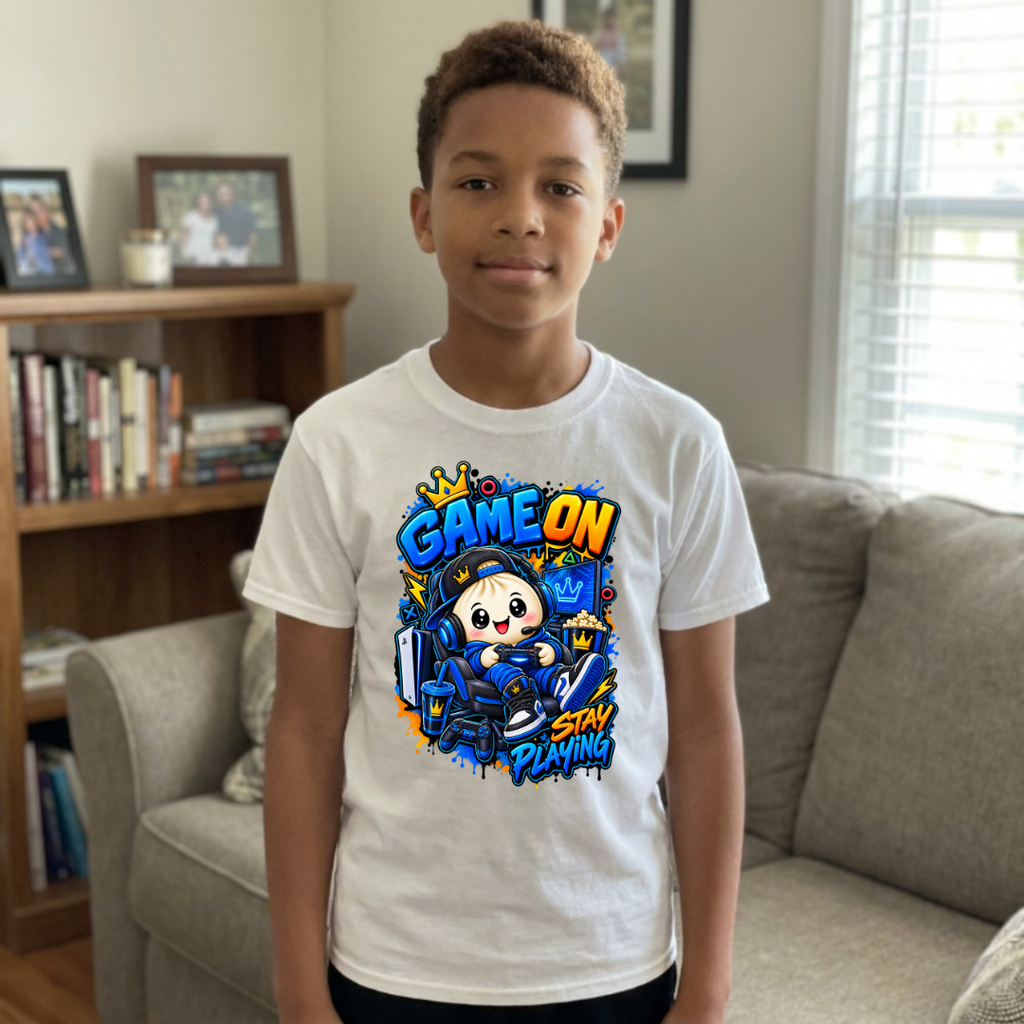 Dumpling Game On Stay Playing Kids Gamer Graphic Tee in white worn by child model