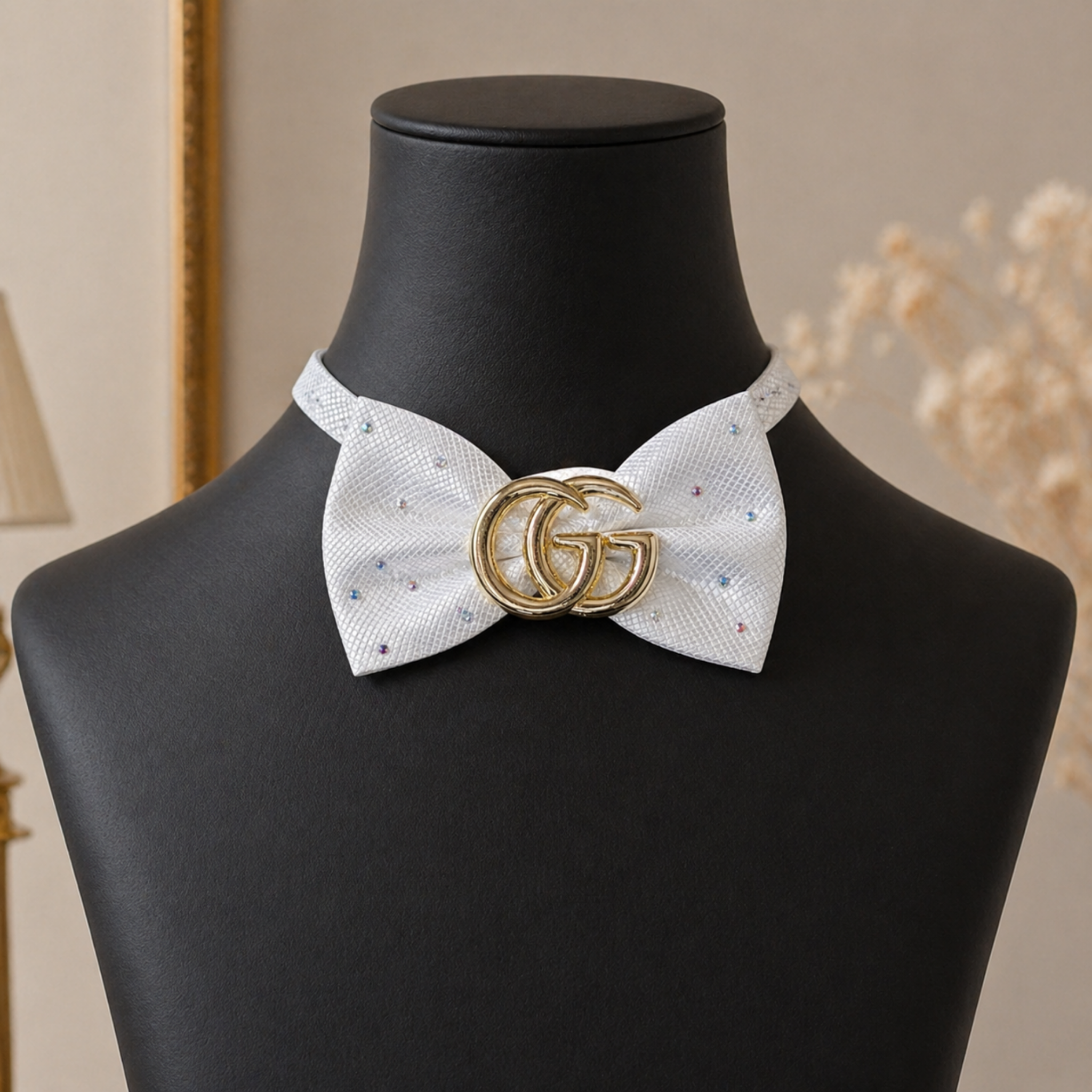 White Crystal Bow Tie | Gold Accent Statement Piece