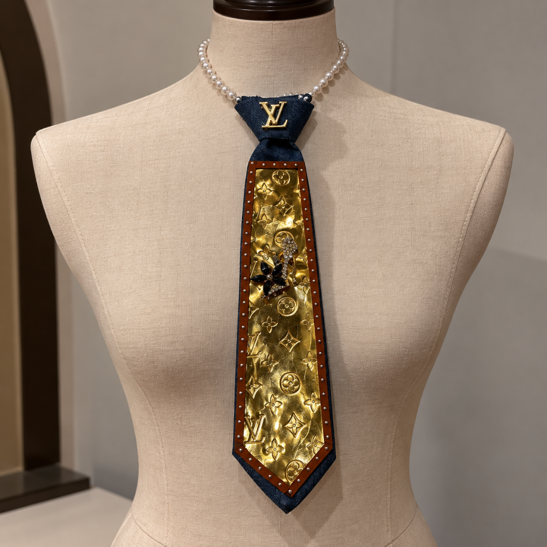 Denim Gold Metallic Monogram Junk Tie Cap Set | Crystal Star Brooch