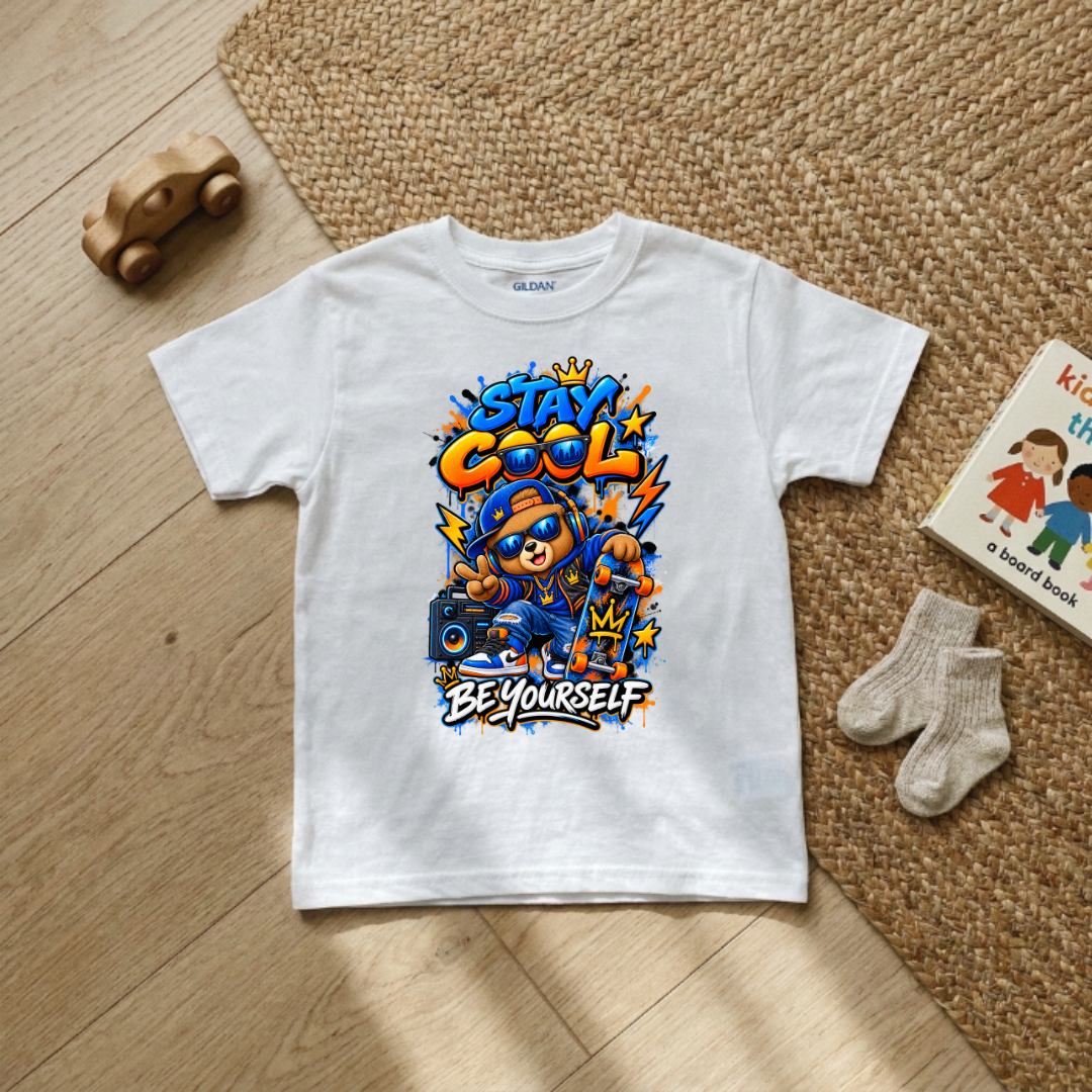 Stay Cool Be Yourself Kids Skater Bear Graphic Tee in white flat lay