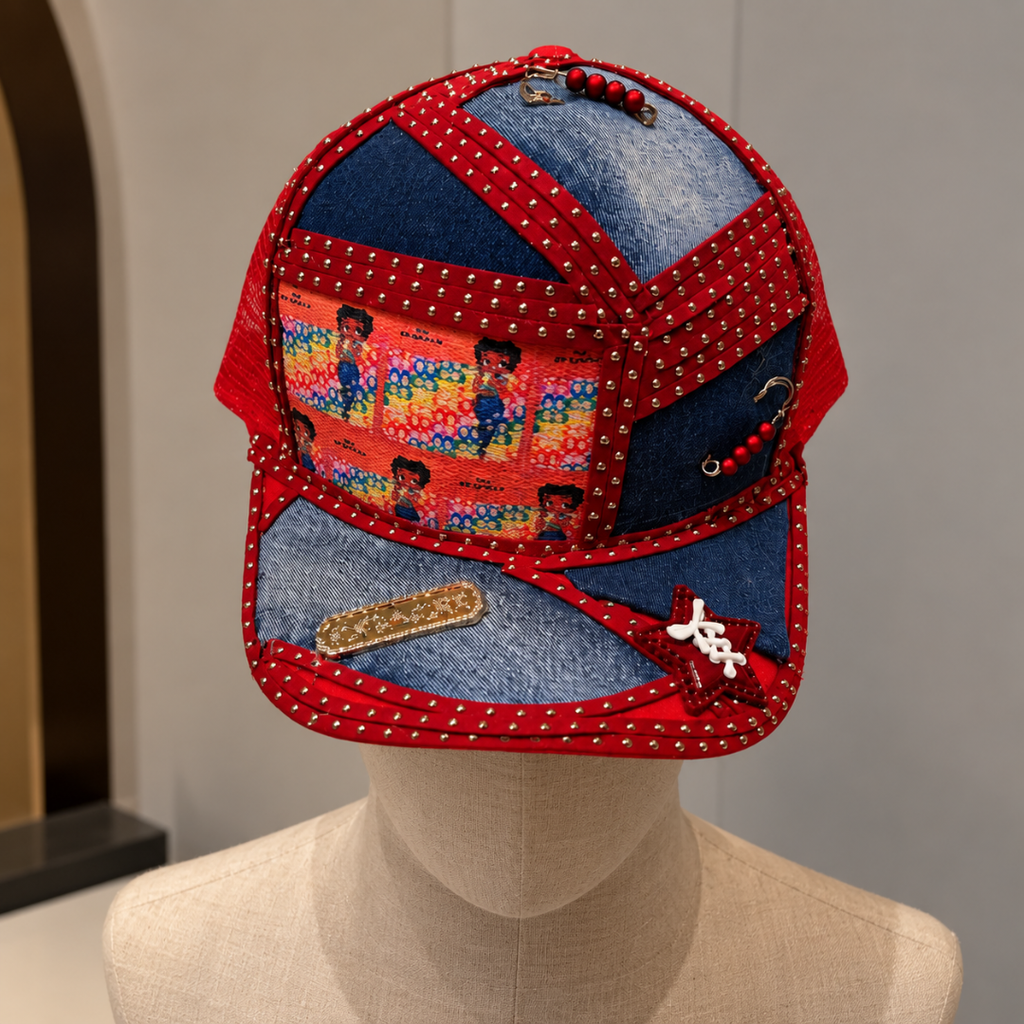 Red Denim Cartoon Print Junk Tie Cap Set | Crystal Heart Brooch