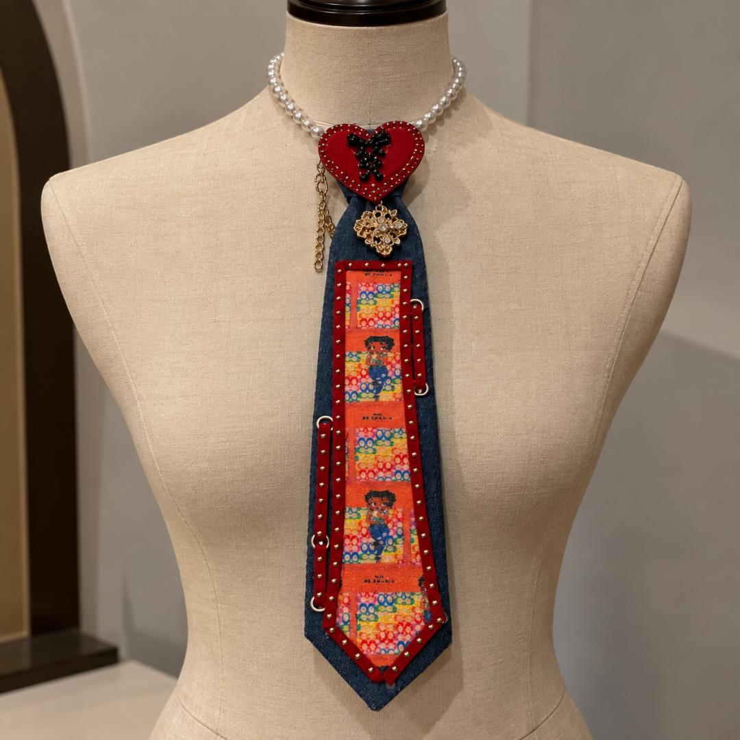 Red Denim Cartoon Print Junk Tie Cap Set | Crystal Heart Brooch