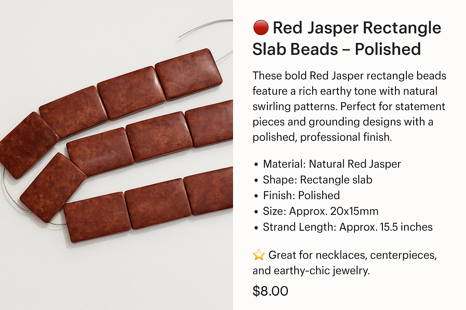🔴 Red Jasper Rectangle Slab Beads – Polished