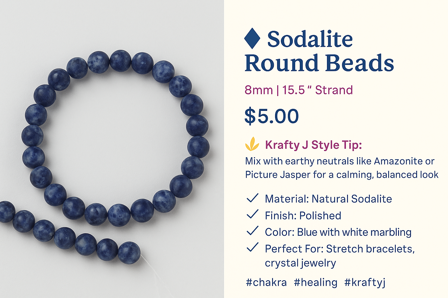 🔷 Sodalite Round Beads – 8mm