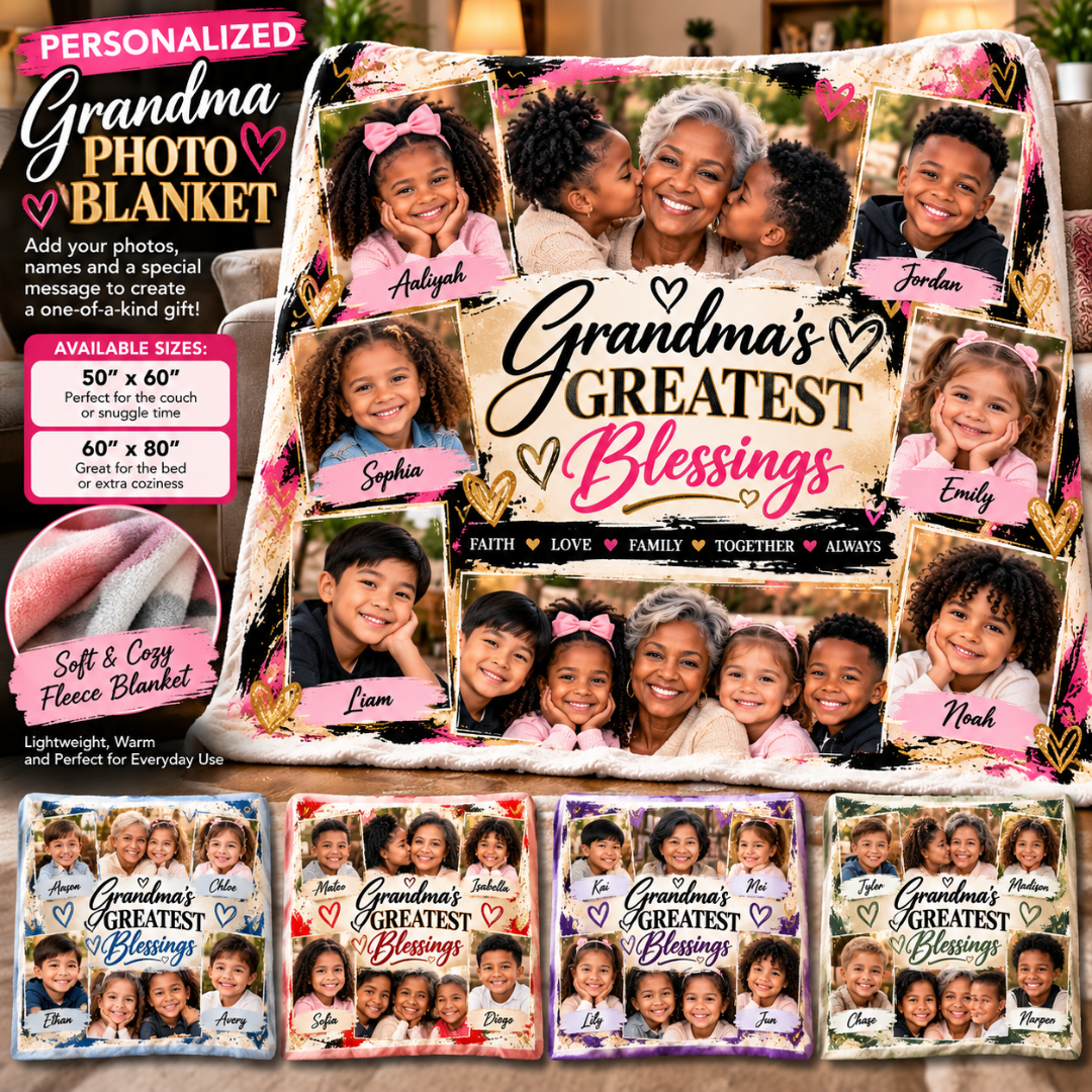 Personalized Grandma Photo Fleece Blanket with Family Collage