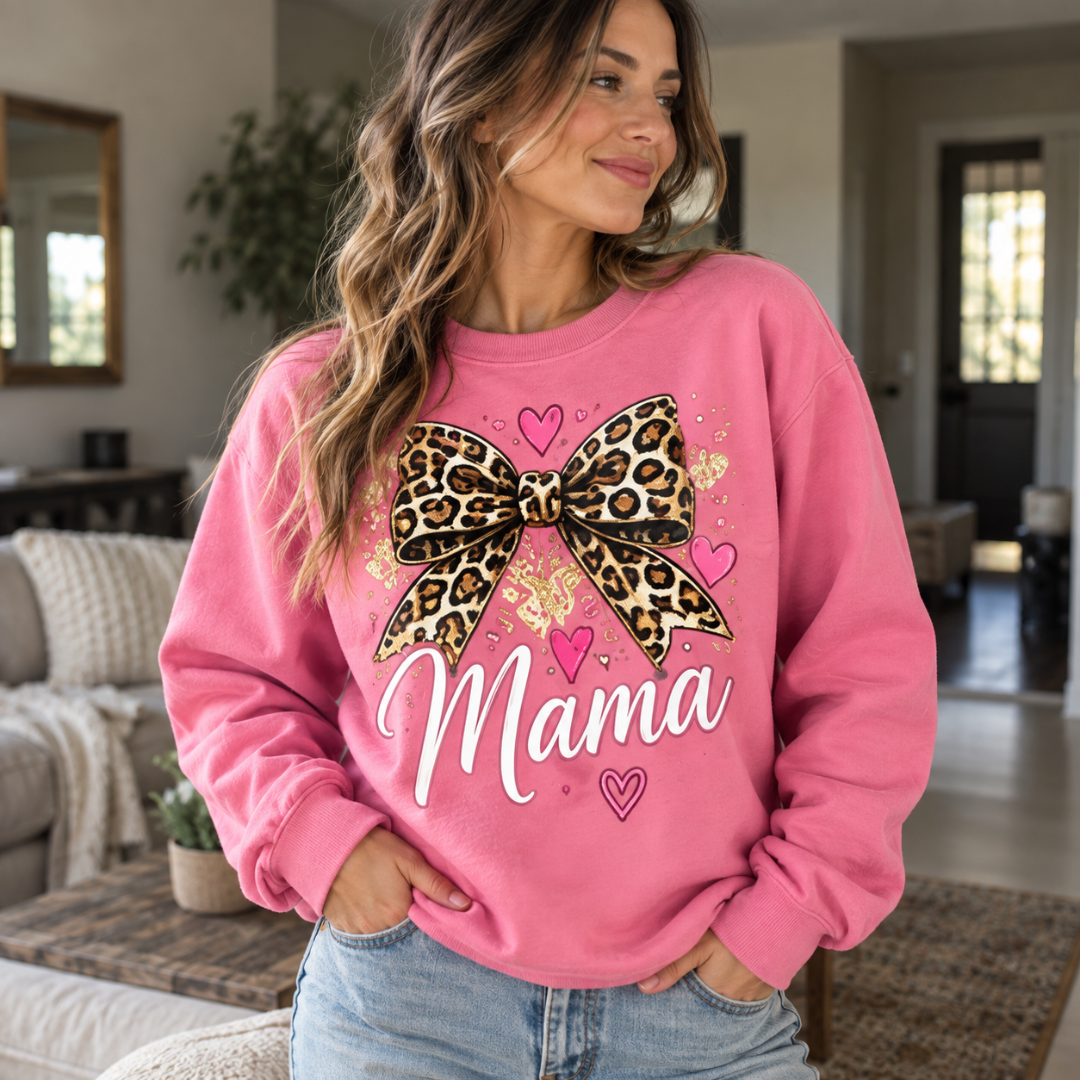 Leopard Print Bow Mama Sweatshirt | Heart Graphic