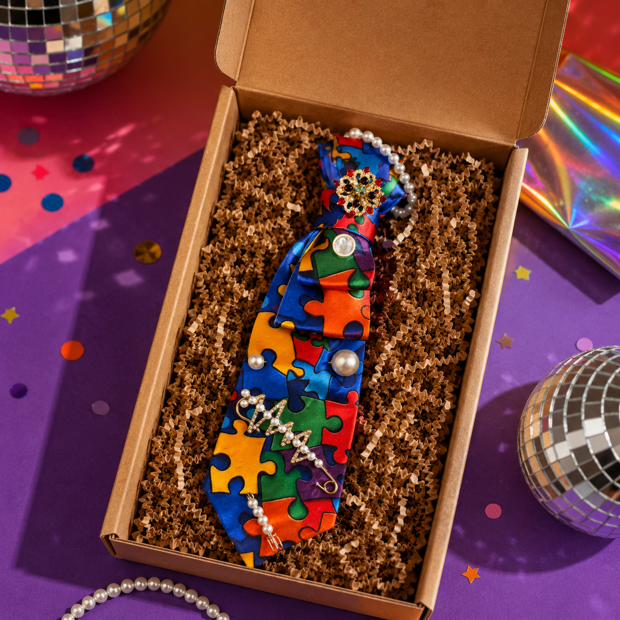 Rainbow Puzzle Print Junk Tie | Crystal Snowflake Brooch Pearl Charm
