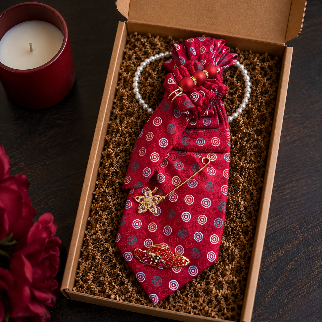 Red Circle Dot Jacquard Junk Tie | Gold Flower Safety Pin Ruby Brooch
