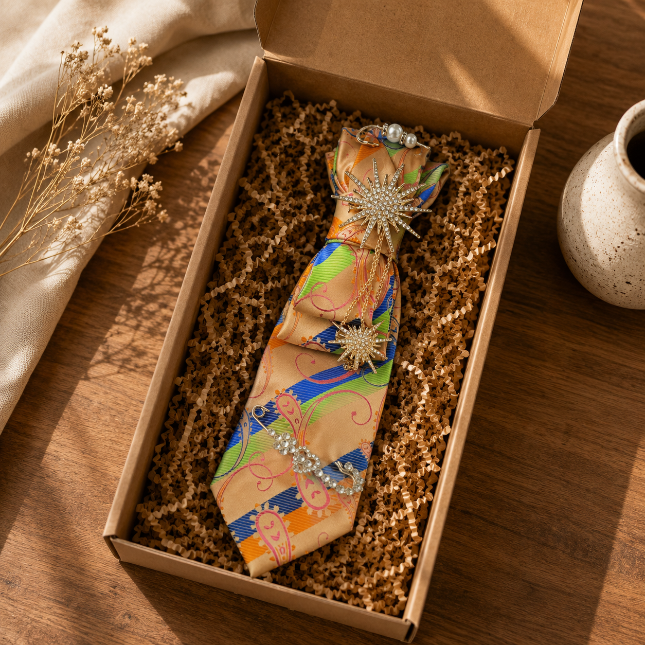 Multicolor Paisley Print Junk Tie | Crystal Starburst Brooch