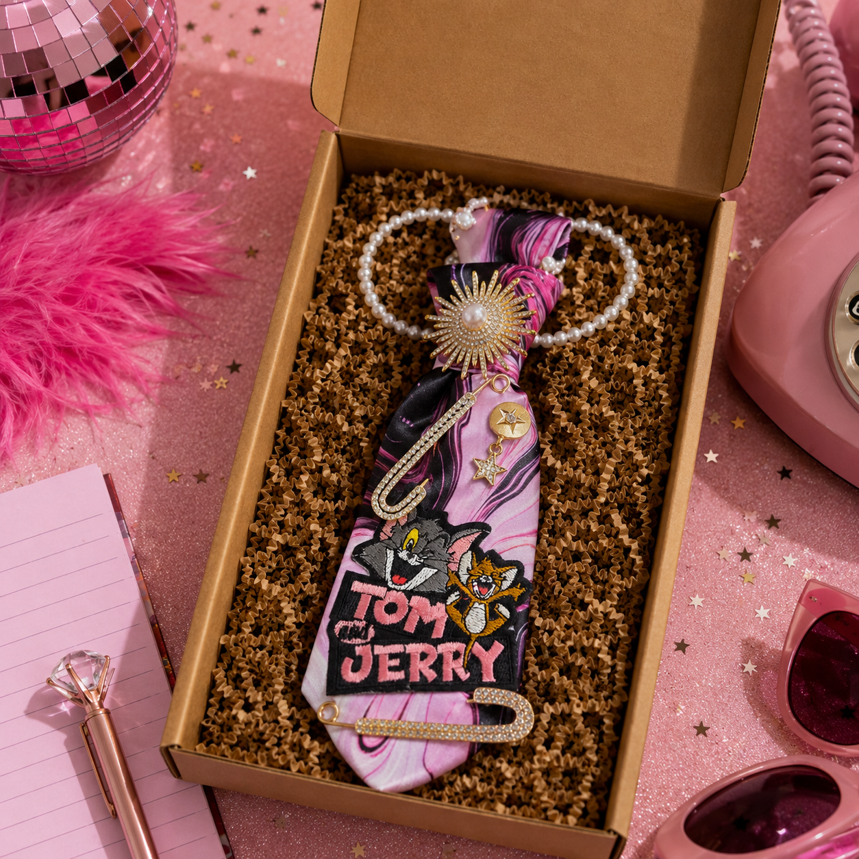 Pink Marble Cartoon Cat Mouse Junk Tie | Gold Sunburst Pearl Brooch
