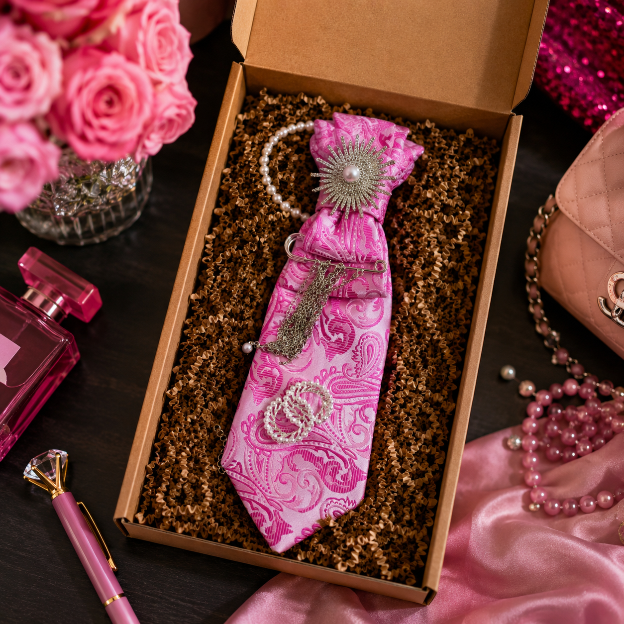 Hot Pink Jacquard Paisley Junk Tie | Crystal Sunburst Pearl Brooch