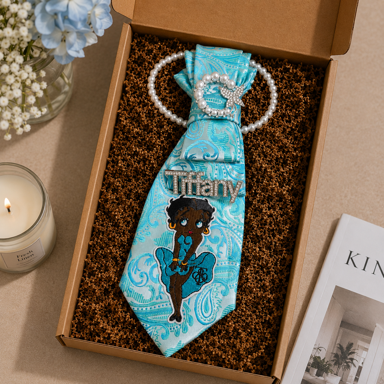 Teal Paisley Embroidered Cartoon Girl Junk Tie | Crystal Dove Pearl Brooch
