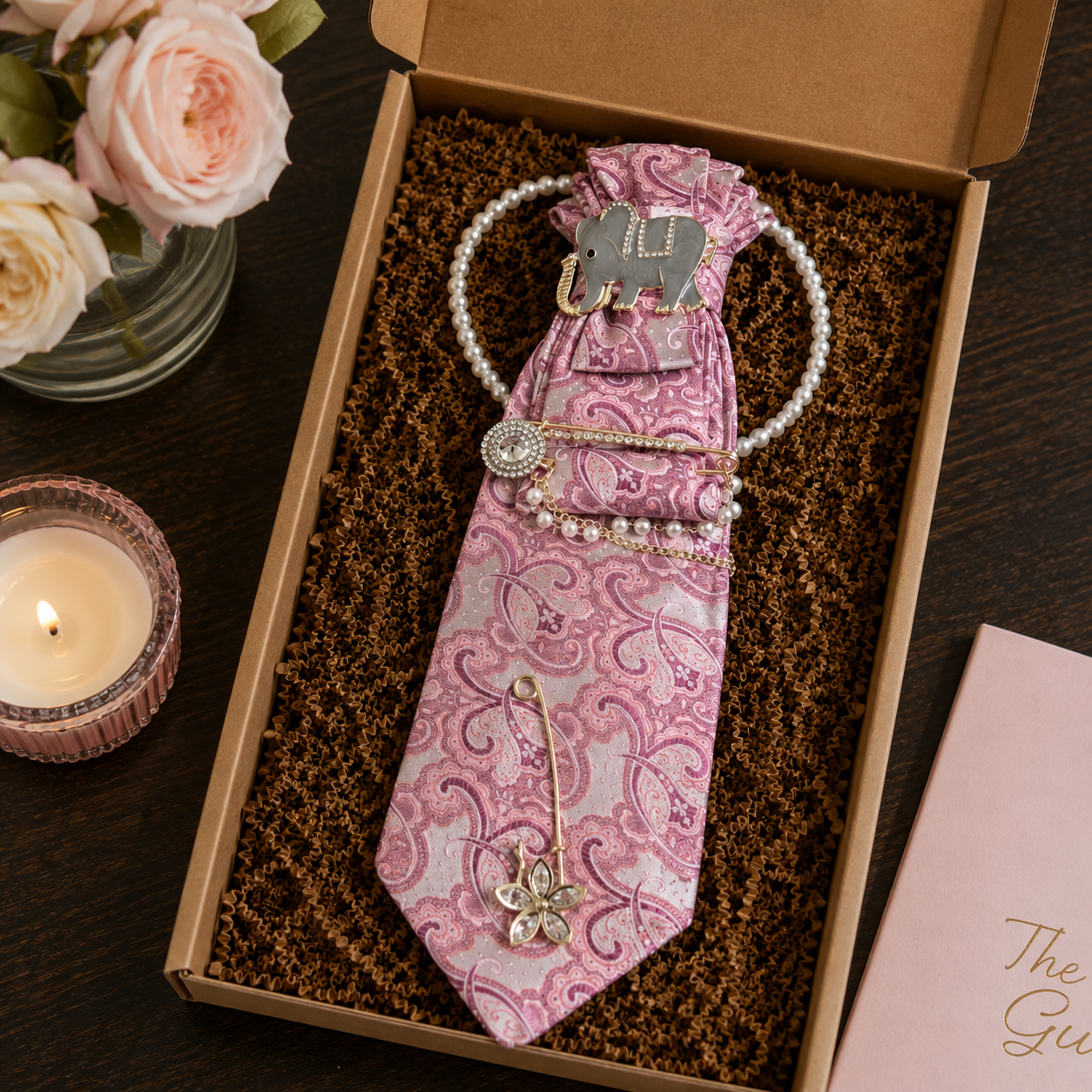 Pink Paisley Junk Tie | Crystal Elephant Brooch Gold Flower Safety Pin