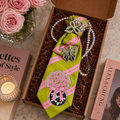 Lime Green Pink Stripe Junk Tie | Crystal Butterfly Brooch Floral Bouquet Patch