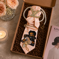 Blush Monogram Jacquard Cartoon Girl Junk Tie | Gold Crystal Letter Charm Ginkgo Brooch
