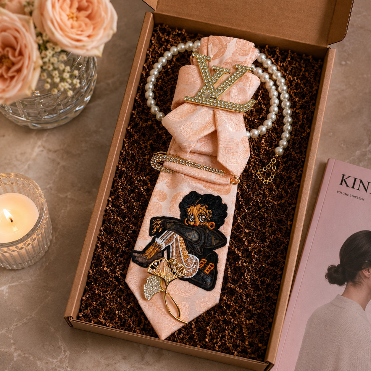 Blush Monogram Jacquard Cartoon Girl Junk Tie | Gold Crystal Letter Charm Ginkgo Brooch