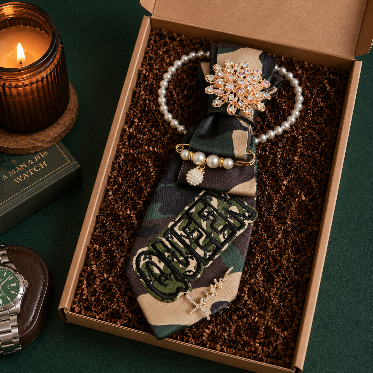 Camo Print Queen Patch Junk Tie | Gold Aurora Snowflake Brooch Pearl Safety Pin