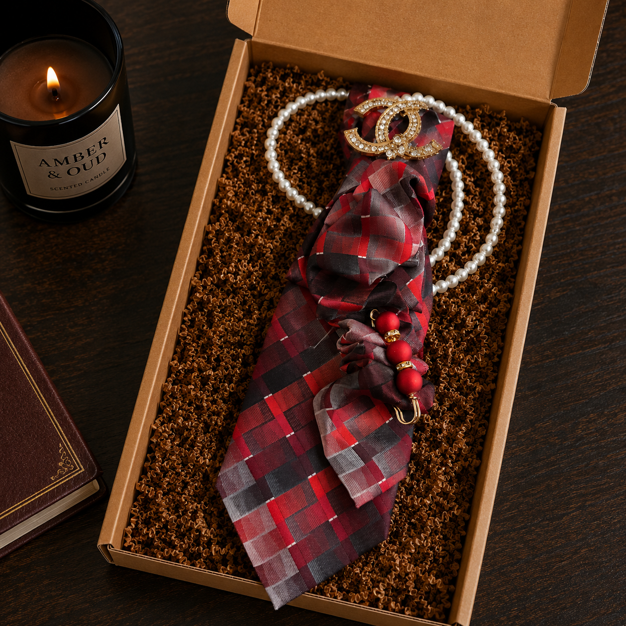 Red Black Plaid Junk Tie | Gold Double Ring Crystal Pearl Brooch