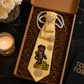 Yellow Waffle Textured Cartoon Girl Junk Tie | Gold Starburst Crystal Brooch Pearl Wrap