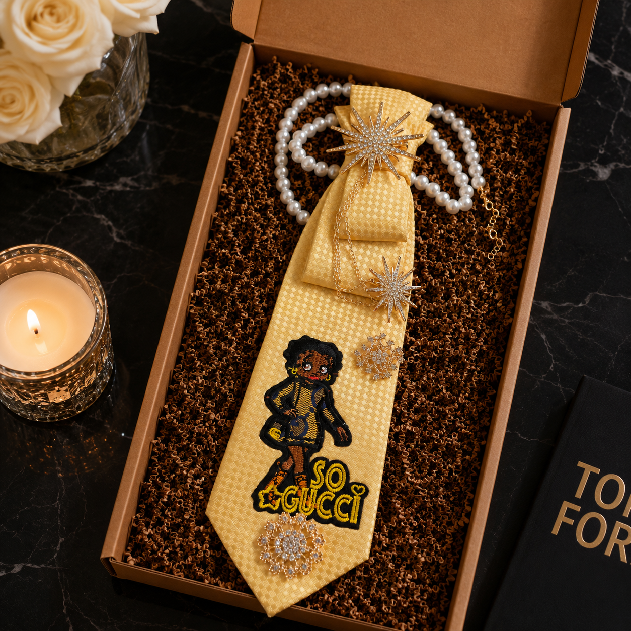 Yellow Waffle Textured Cartoon Girl Junk Tie | Gold Starburst Crystal Brooch Pearl Wrap