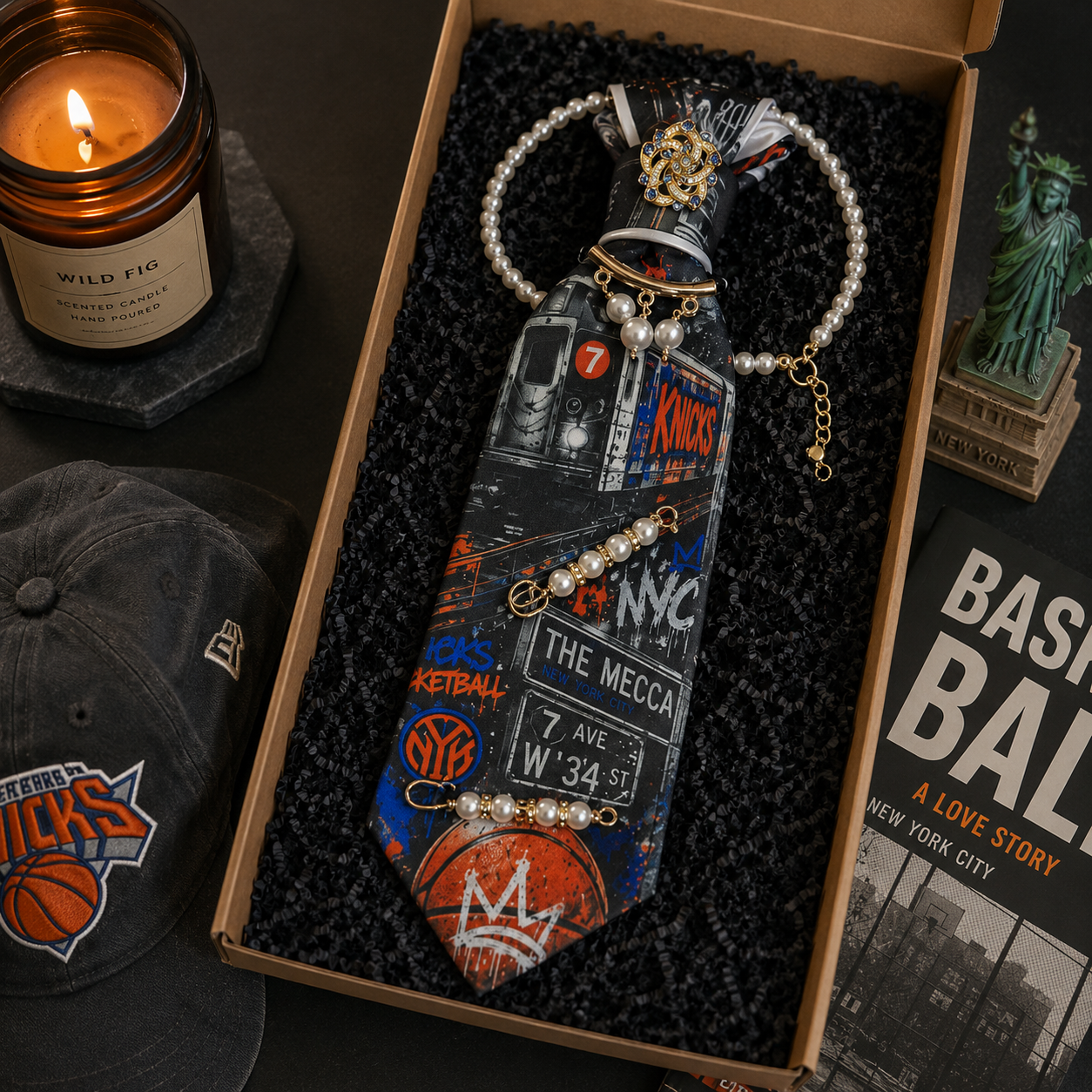 NYC Basketball Graffiti Subway Print Junk Tie | Gold Sapphire Brooch Pearl Chain Charm
