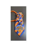 Orange Blue Diagonal Stripe Pearl Junk Tie | Gold Chain Navy Crystal Brooch