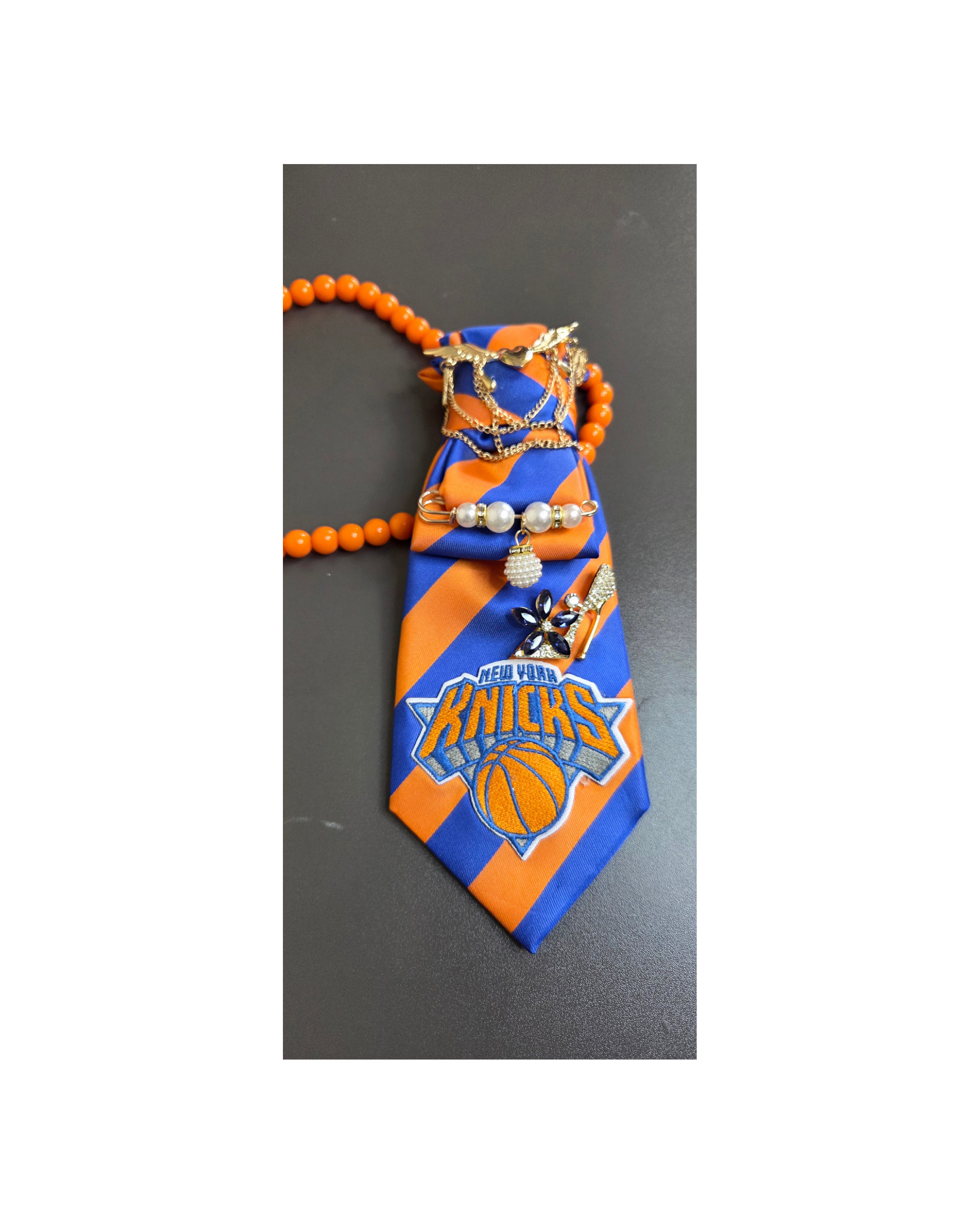 Orange Blue Diagonal Stripe Pearl Junk Tie | Gold Chain Navy Crystal Brooch